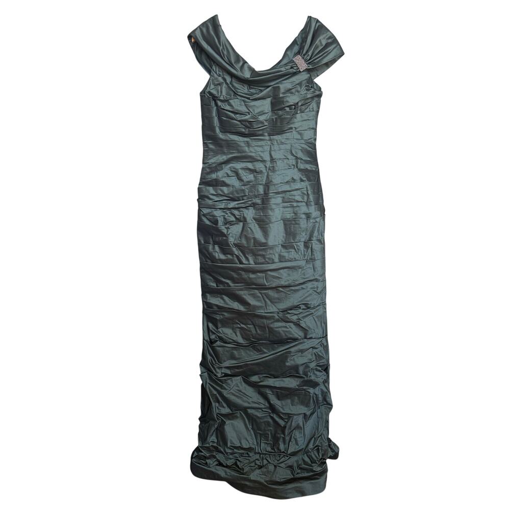 Rickie Freeman Teri Jon Off The Shoulder Ruched Taffeta Formal Gown Size 8 Green